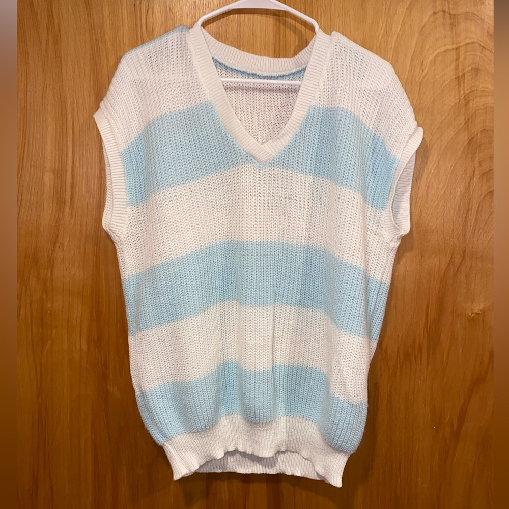 Blue and White Knit V-Neck Sweater Vest